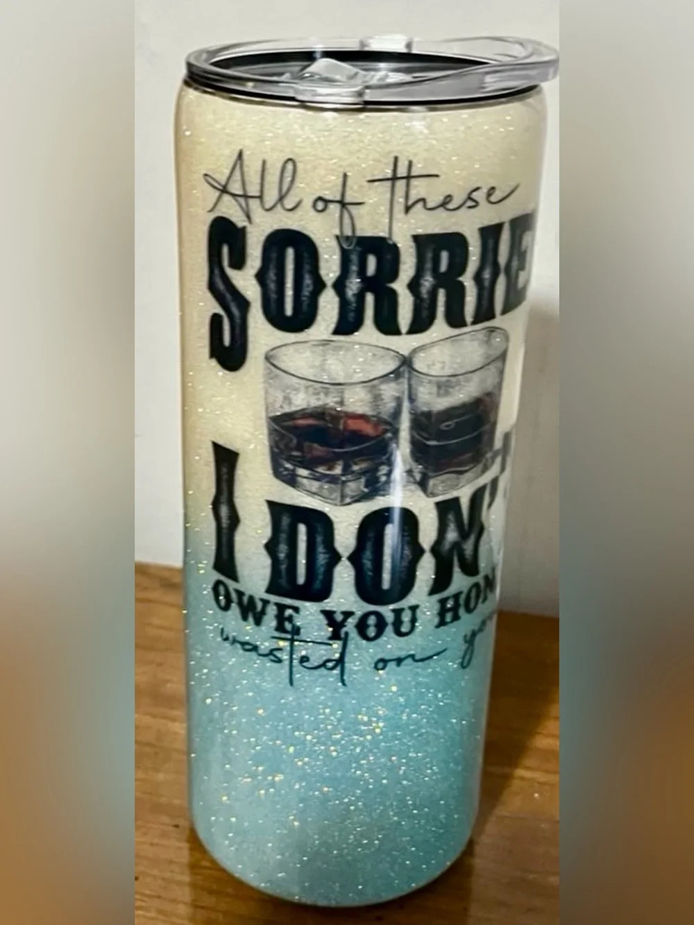 Glitter Ombre Tumbler with Whiskey Graphic - Blue & Cream
